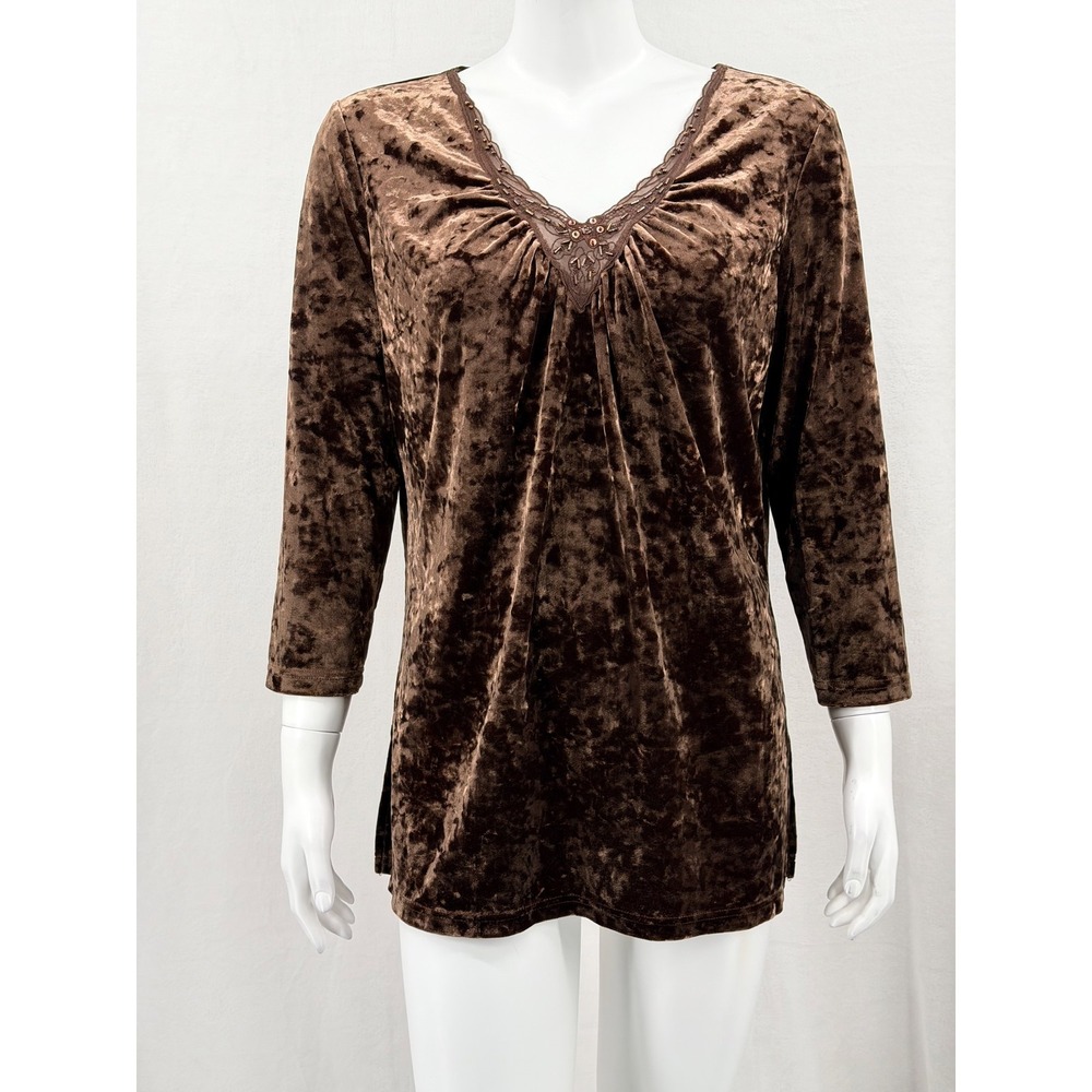 Faded Glory Top Womens XL Brown Crushed Velvet Beaded Forest Fairy Y2K Boho